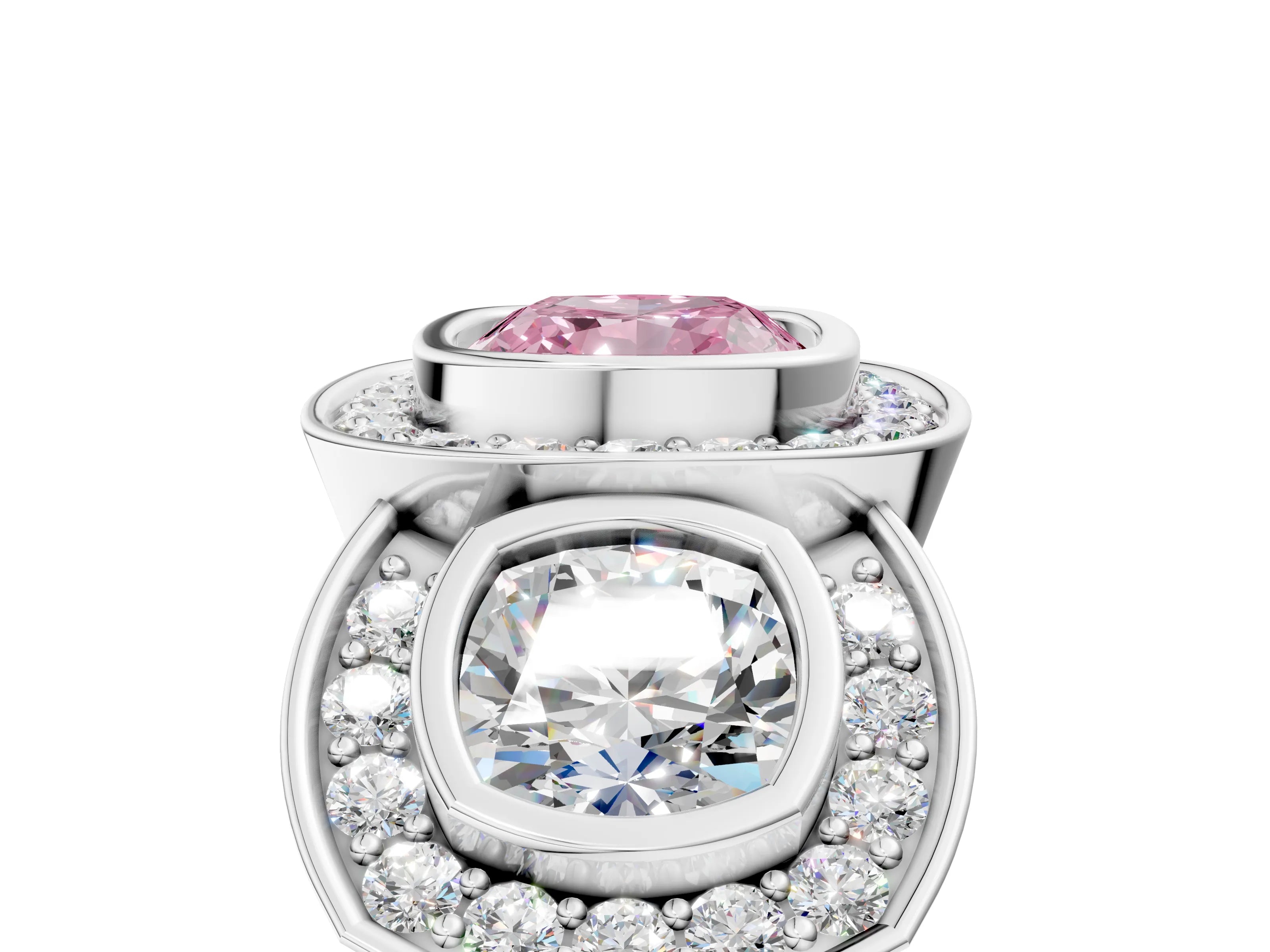 White gold Three-Stone Fancy Pink Cushion Cut Halo Pavé Diamond Ring_5