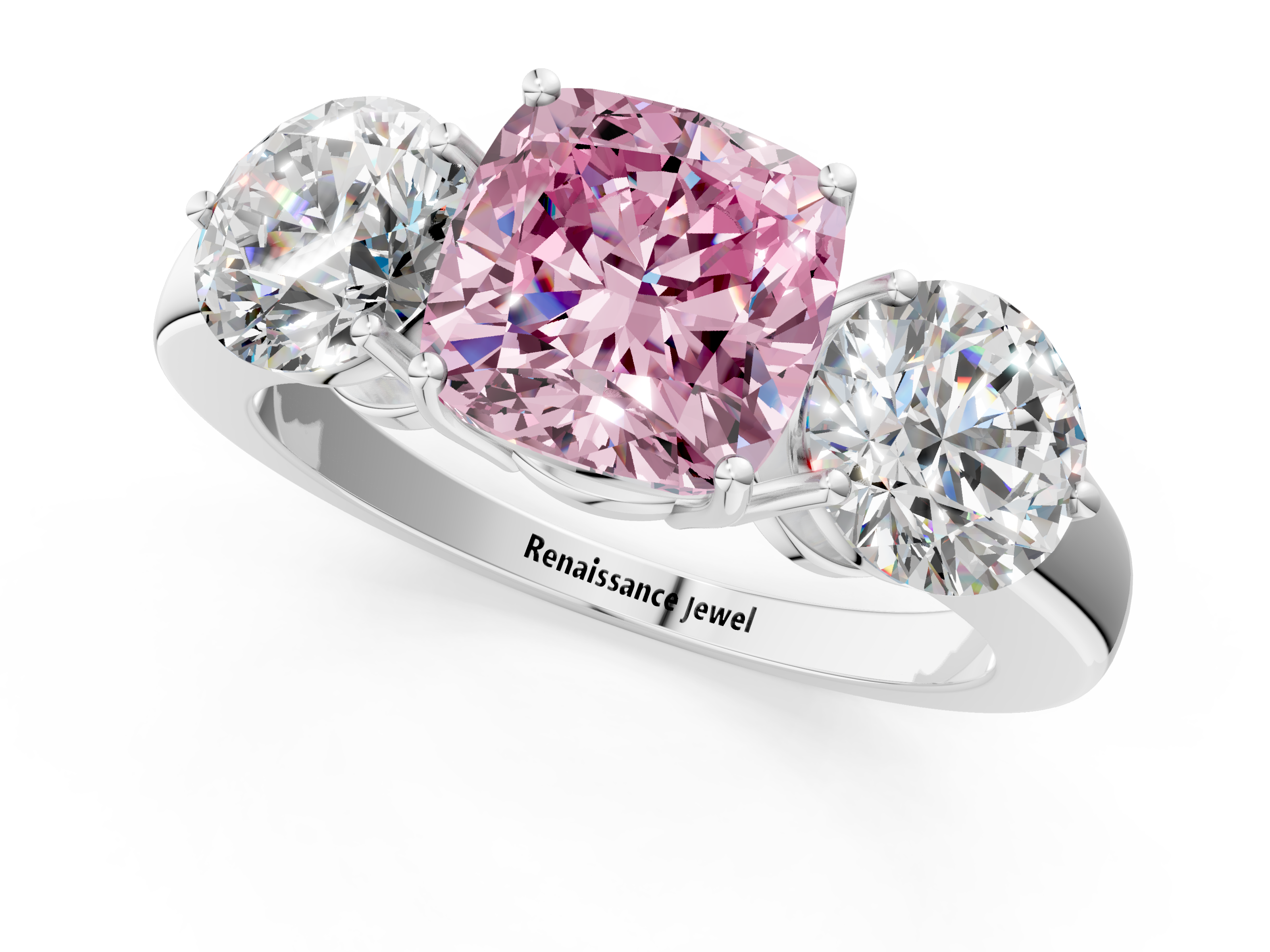 White gold Three-Stone Fancy Pink Cushion  Cut Solitaire Ring with Prong Setting on a Classic Band_61