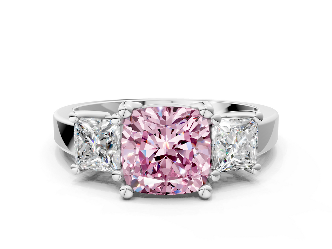 White gold Three-Stone Fancy Pink Cushion  Cut Solitaire Ring with Prong Setting_3