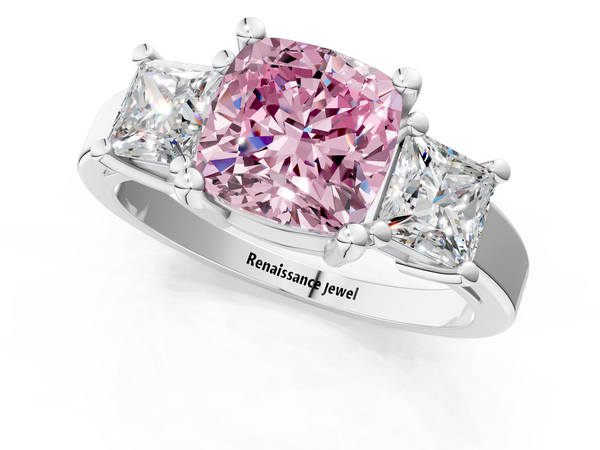 Platinum Three-Stone Fancy Pink Cushion  Cut Solitaire Ring with Prong Setting