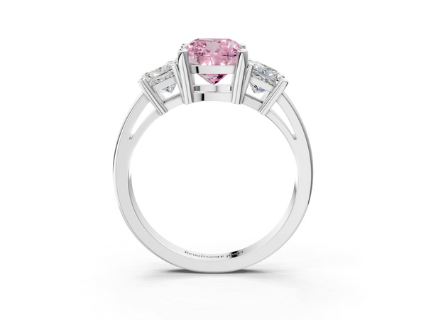 Platinum Three-Stone Fancy Pink Cushion  Cut Solitaire Ring with Prong Setting