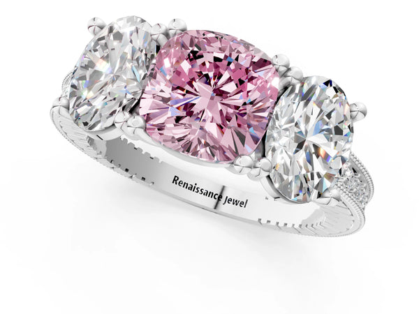White gold Three-Stone Fancy Pink Cushion  Diamond Milgrain Pave Band with Prong Setting