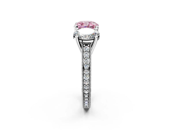 White gold Three-Stone Fancy Pink Cushion  Diamond Milgrain Pave Band with Prong Setting