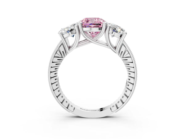 White gold Three-Stone Fancy Pink Cushion  Diamond Milgrain Pave Band with Prong Setting
