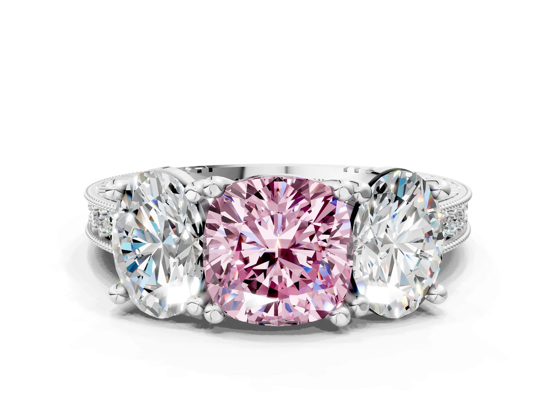 White gold Three-Stone Fancy Pink Cushion  Diamond Milgrain Pave Band with Prong Setting