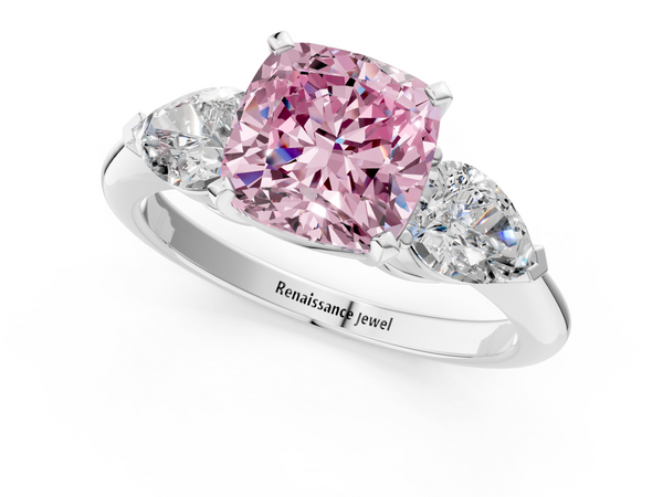 Platinum Three-Stone Fancy Pink Cushion Cut Diamond Ring with Pear Side Stones and Four-Prong Setting