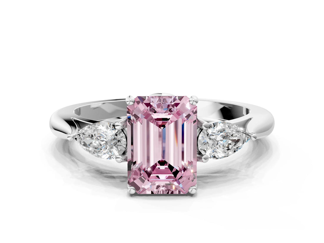White gold Three-Stone Fancy Pink Emerald Cut Brilliant Diamond Solitaire Ring with Tapered Band and Four-Prong Setting_51