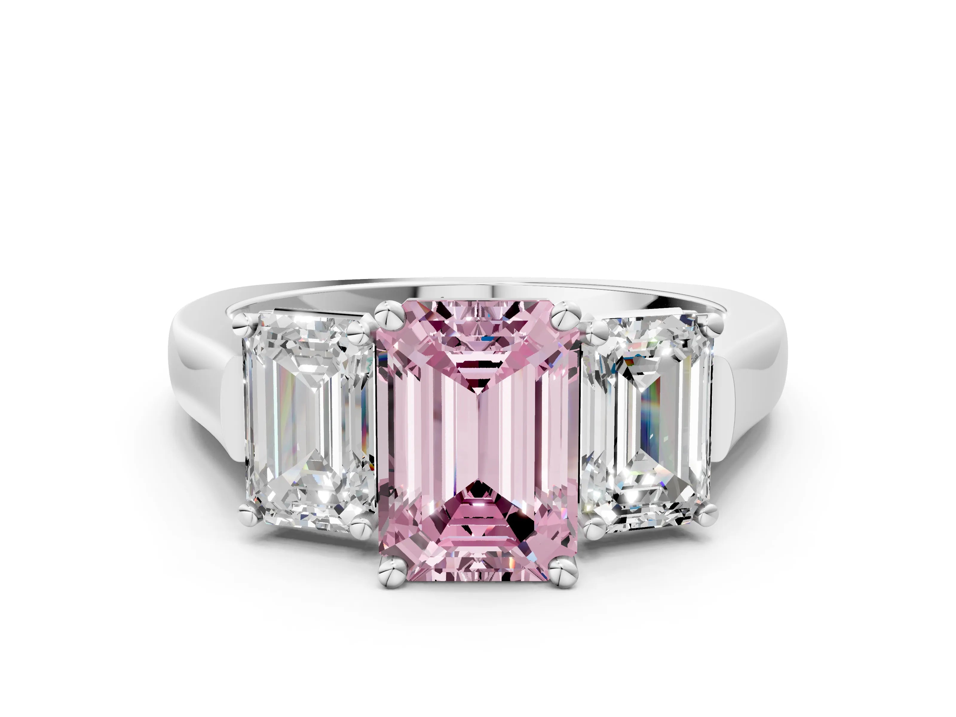 White gold Three-Stone Fancy Pink Emerald Cut Brilliant Diamond Trellis Ring with Comfort Fit Band_12