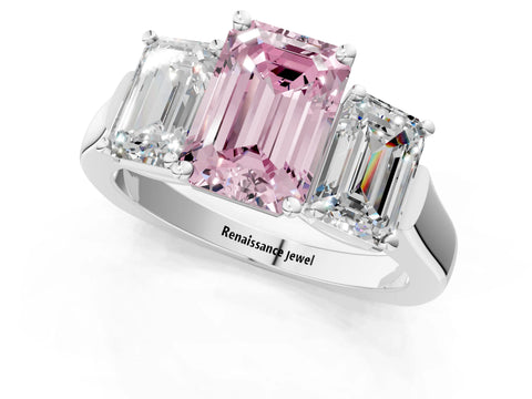 White gold Three-Stone Fancy Pink Emerald Cut Brilliant Diamond Trellis Ring with Comfort Fit Band_13