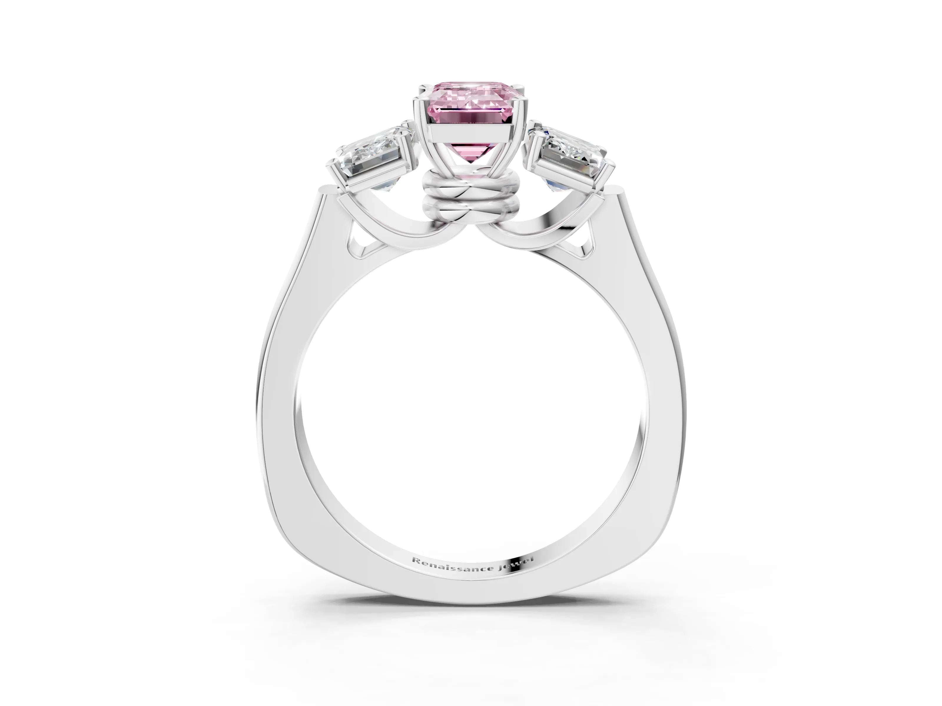 White gold Three-Stone Fancy Pink Emerald Cut Brilliant Diamond Trellis Ring with Comfort Fit Band_15