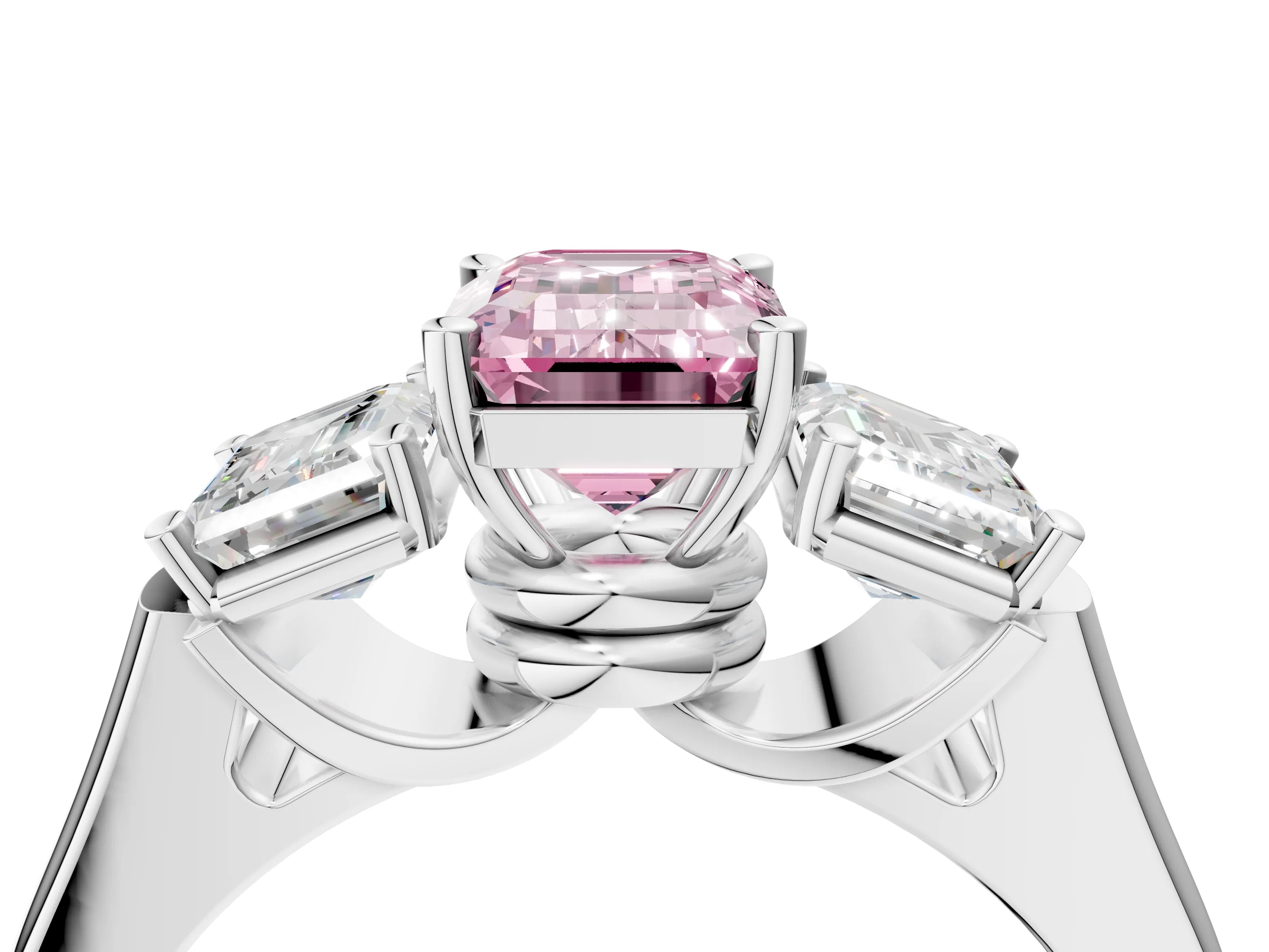 White gold Three-Stone Fancy Pink Emerald Cut Brilliant Diamond Trellis Ring with Comfort Fit Band_16