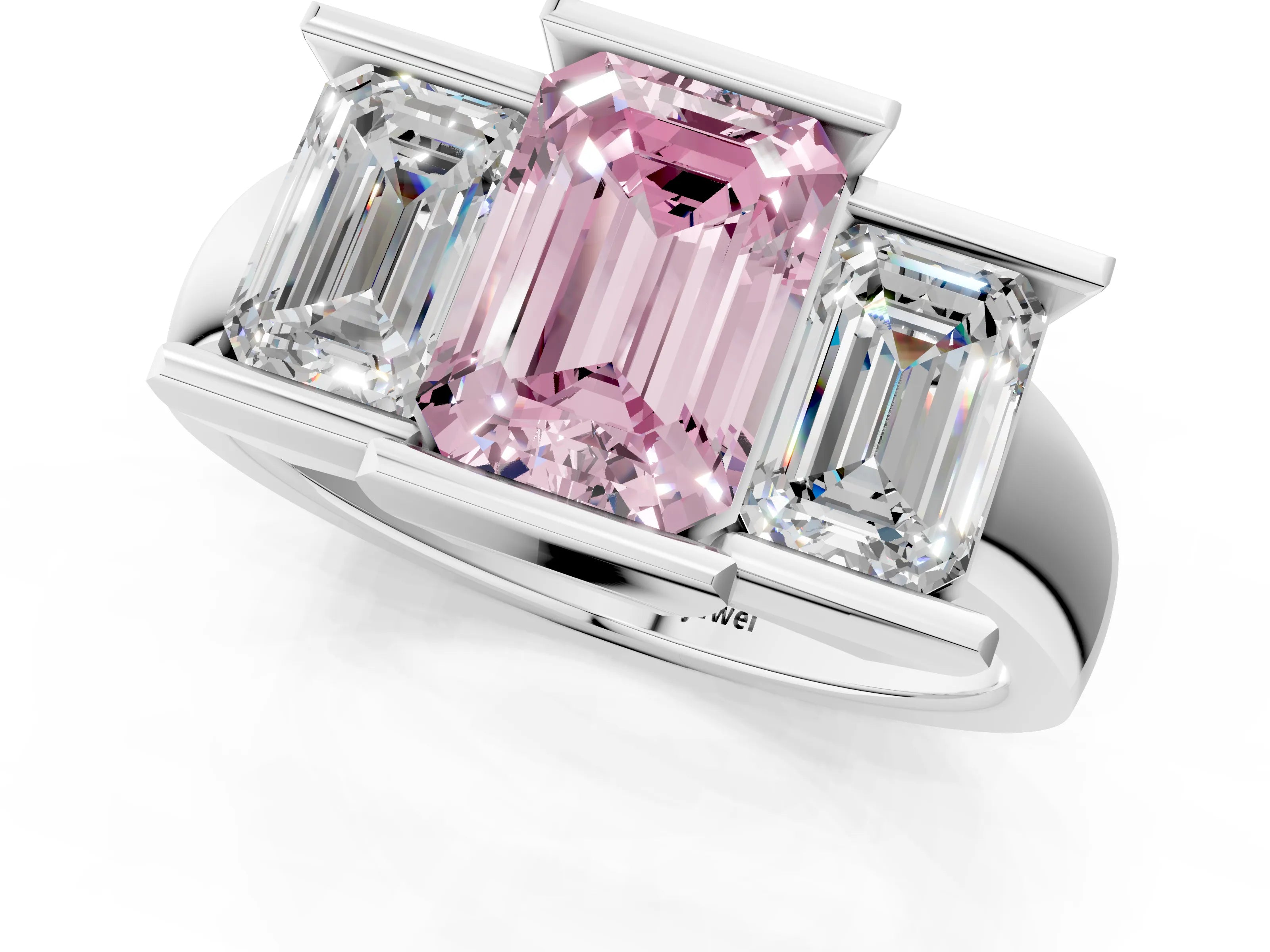 White gold Three Stone Fancy Pink Emerald Cut Cut Channel Set Diamond Ring_25
