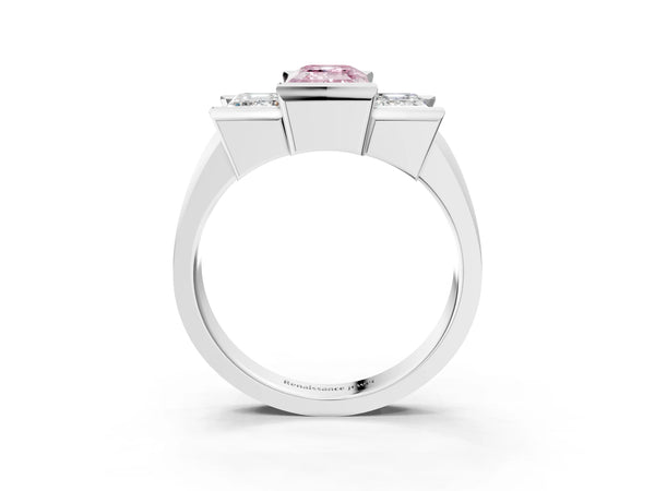 White Gold Emerald Cut Channel Set Three Stone Engagement Ring Setting for Fancy Pink Center