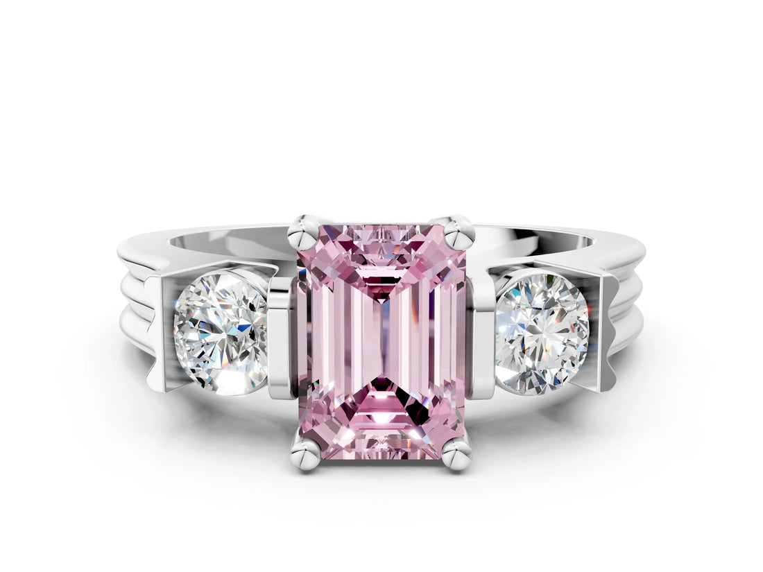 White gold Three-Stone Fancy Pink Emerald Cut Cut Classic Band Prong Setting Ring