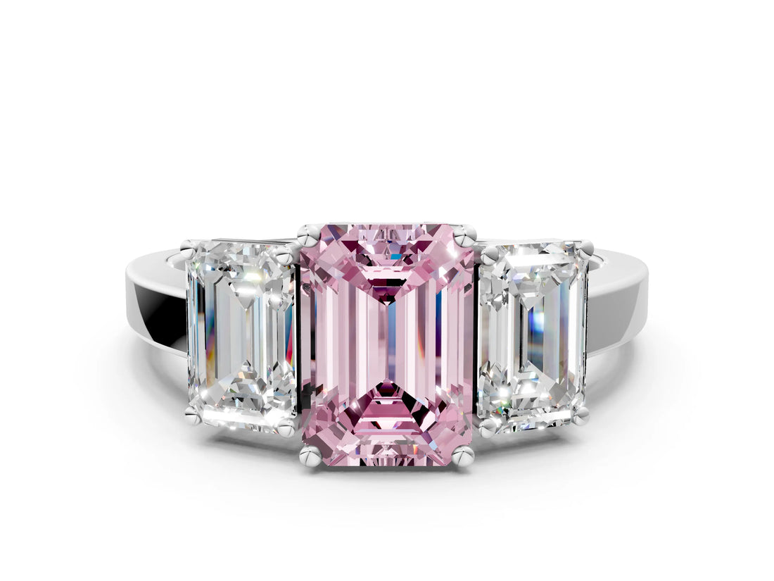 White gold Three-Stone Fancy Pink Emerald Cut Cut Diamond Engagement Ring with Flat Band and Four-Prong Setting_12