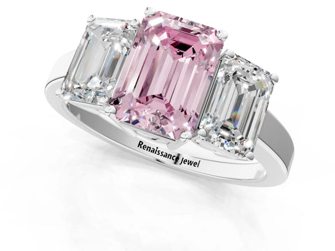 White gold Three-Stone Fancy Pink Emerald Cut Cut Diamond Engagement Ring with Flat Band and Four-Prong Setting_13