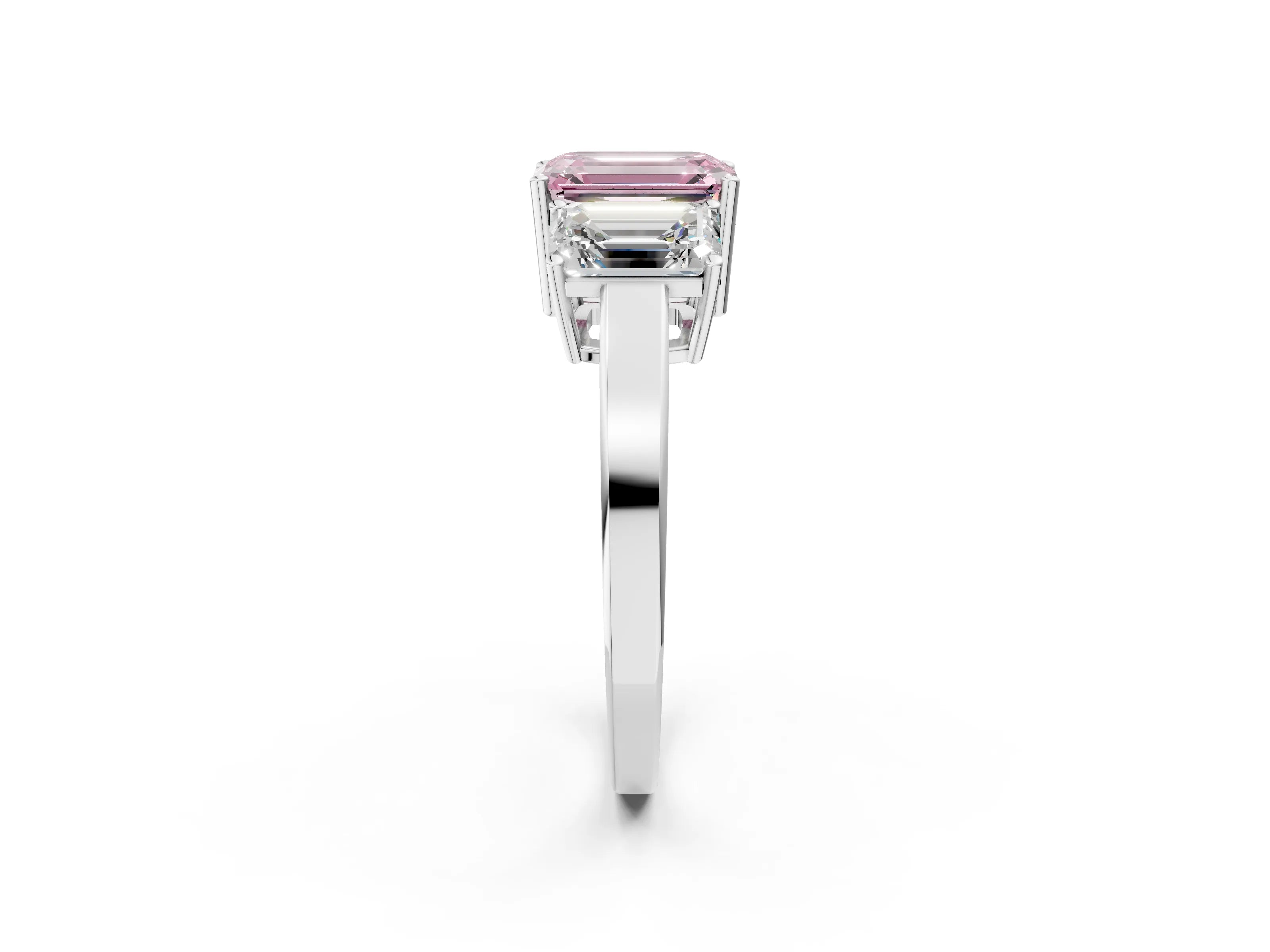 White gold Three-Stone Fancy Pink Emerald Cut Cut Diamond Engagement Ring with Flat Band and Four-Prong Setting_14
