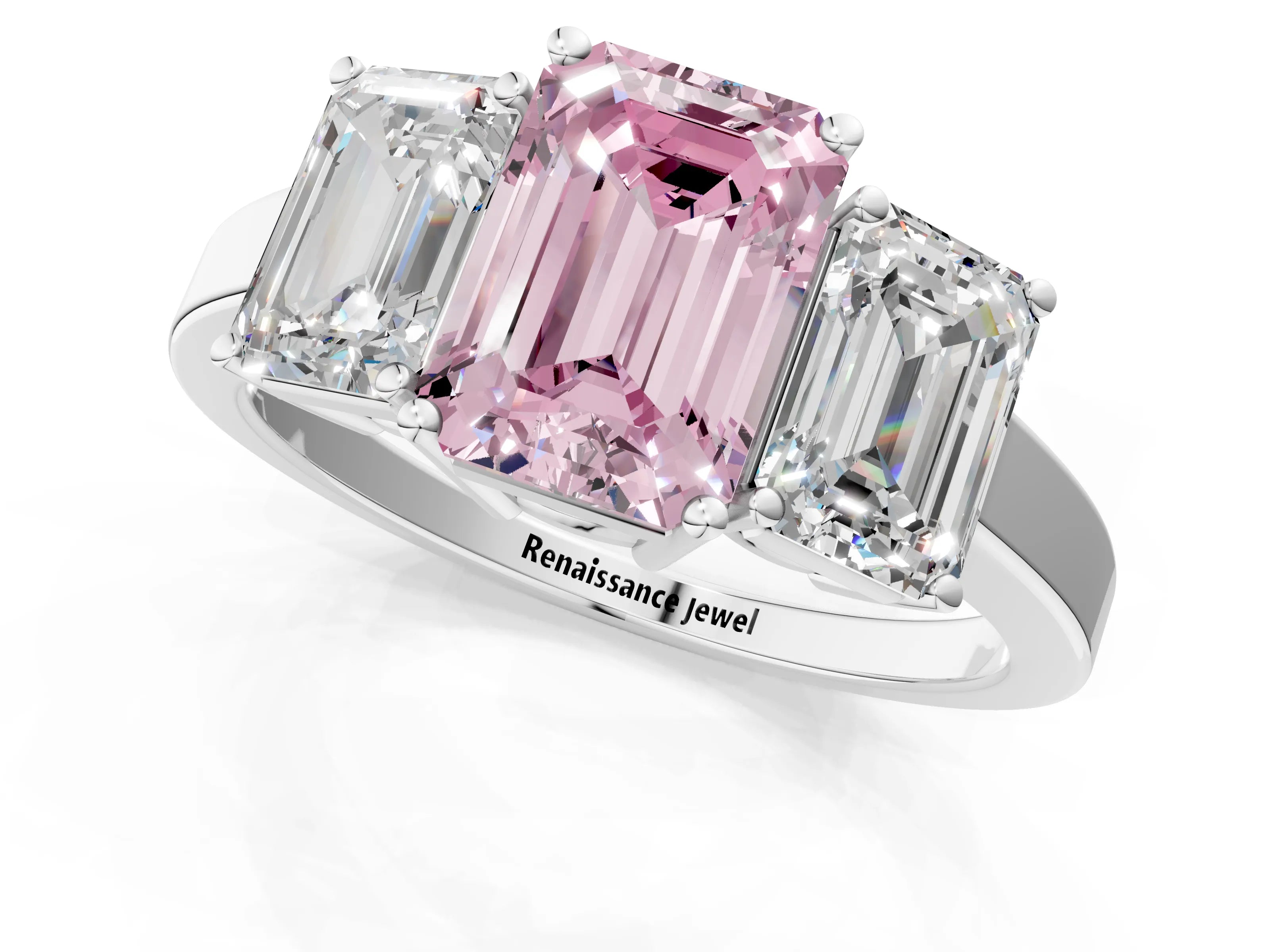 White gold Three-Stone Fancy Pink Emerald Cut Cut Diamond Engagement Ring with Flat Band and Four-Prong Setting_1
