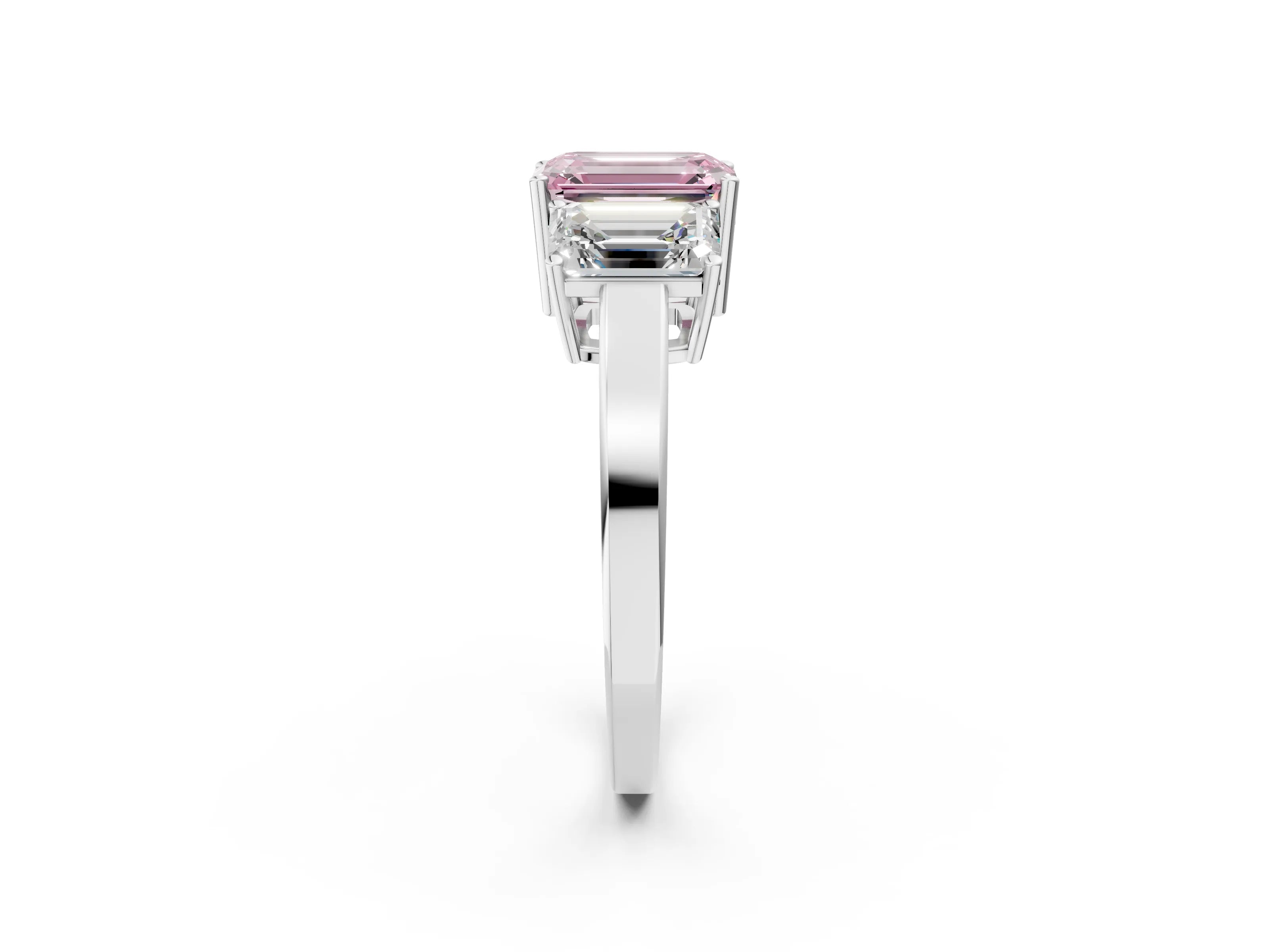White gold Three-Stone Fancy Pink Emerald Cut Cut Diamond Engagement Ring with Flat Band and Four-Prong Setting_2