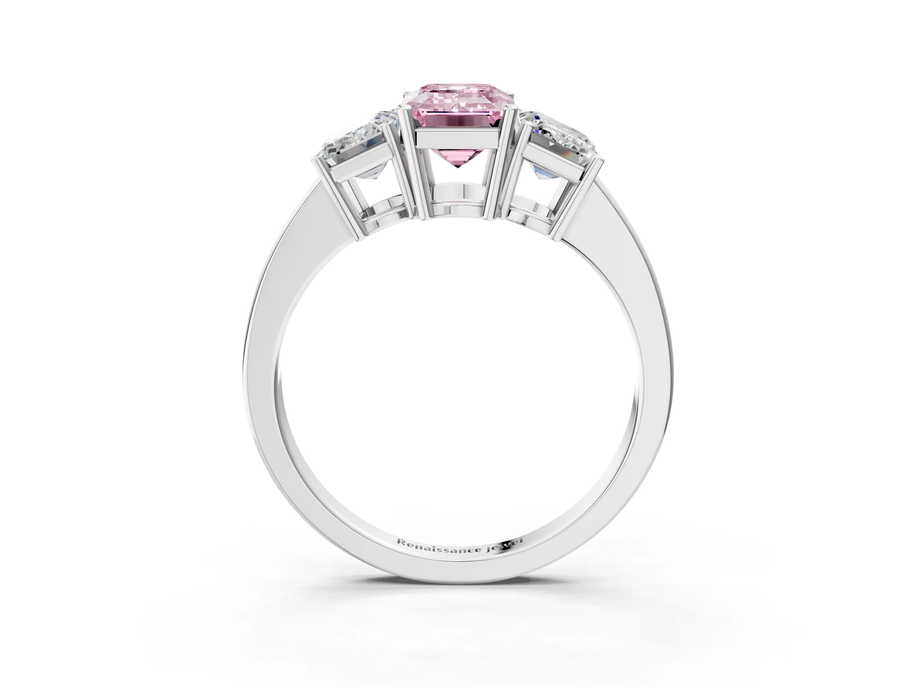 White gold Three-Stone Fancy Pink Emerald Cut Cut Diamond Engagement Ring with Flat Band and Four-Prong Setting_3