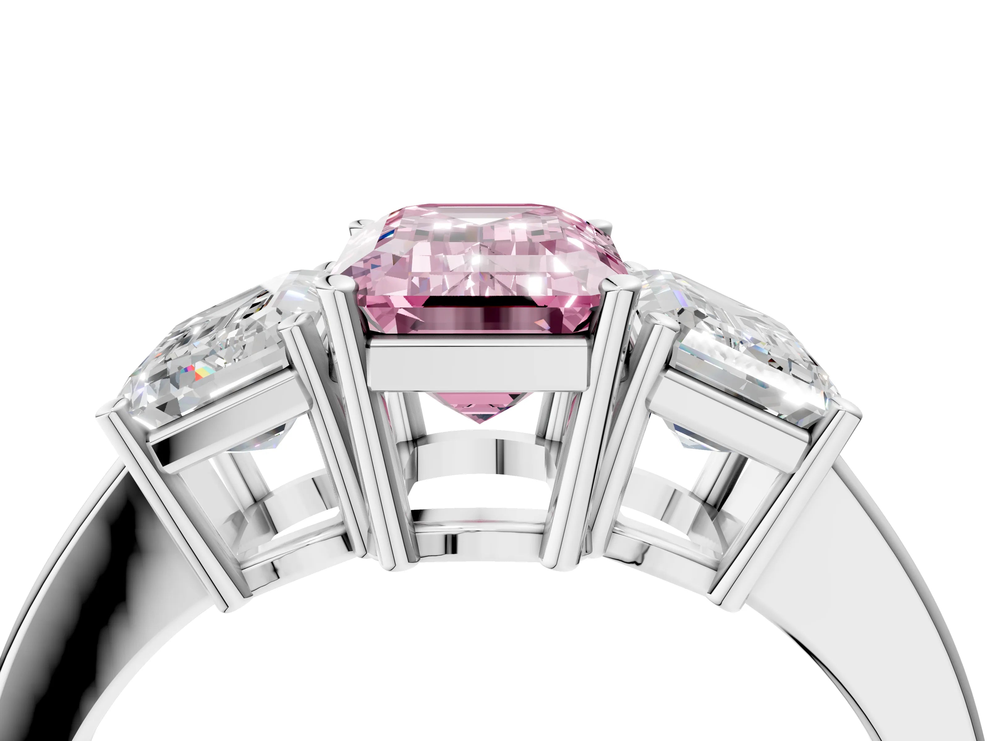 White gold Three-Stone Fancy Pink Emerald Cut Cut Diamond Engagement Ring with Flat Band and Four-Prong Setting_4
