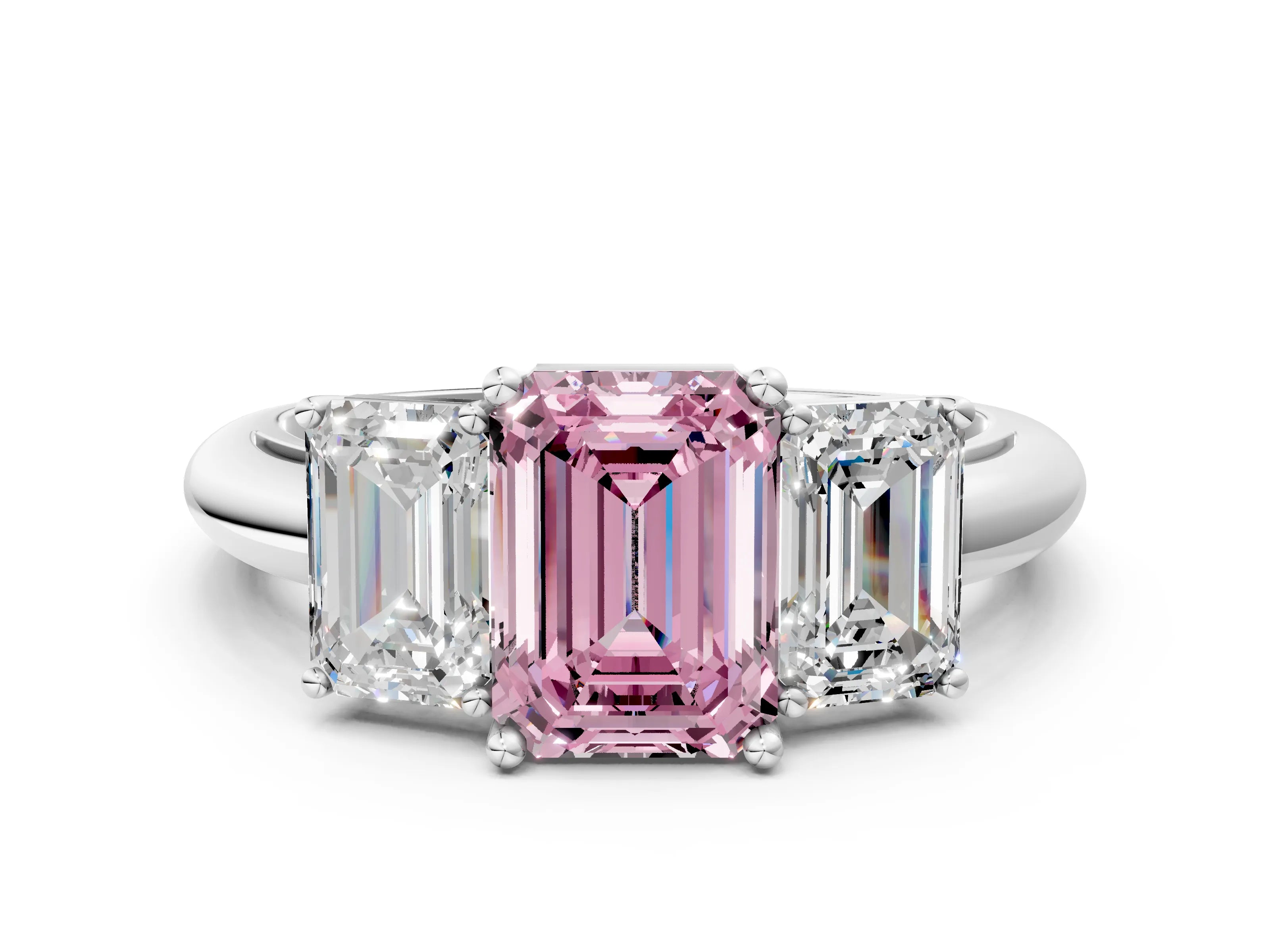 White gold Three-Stone Fancy Pink Emerald Cut Cut Diamond Engagement Ring with Prong Setting on a White Gold Band_12