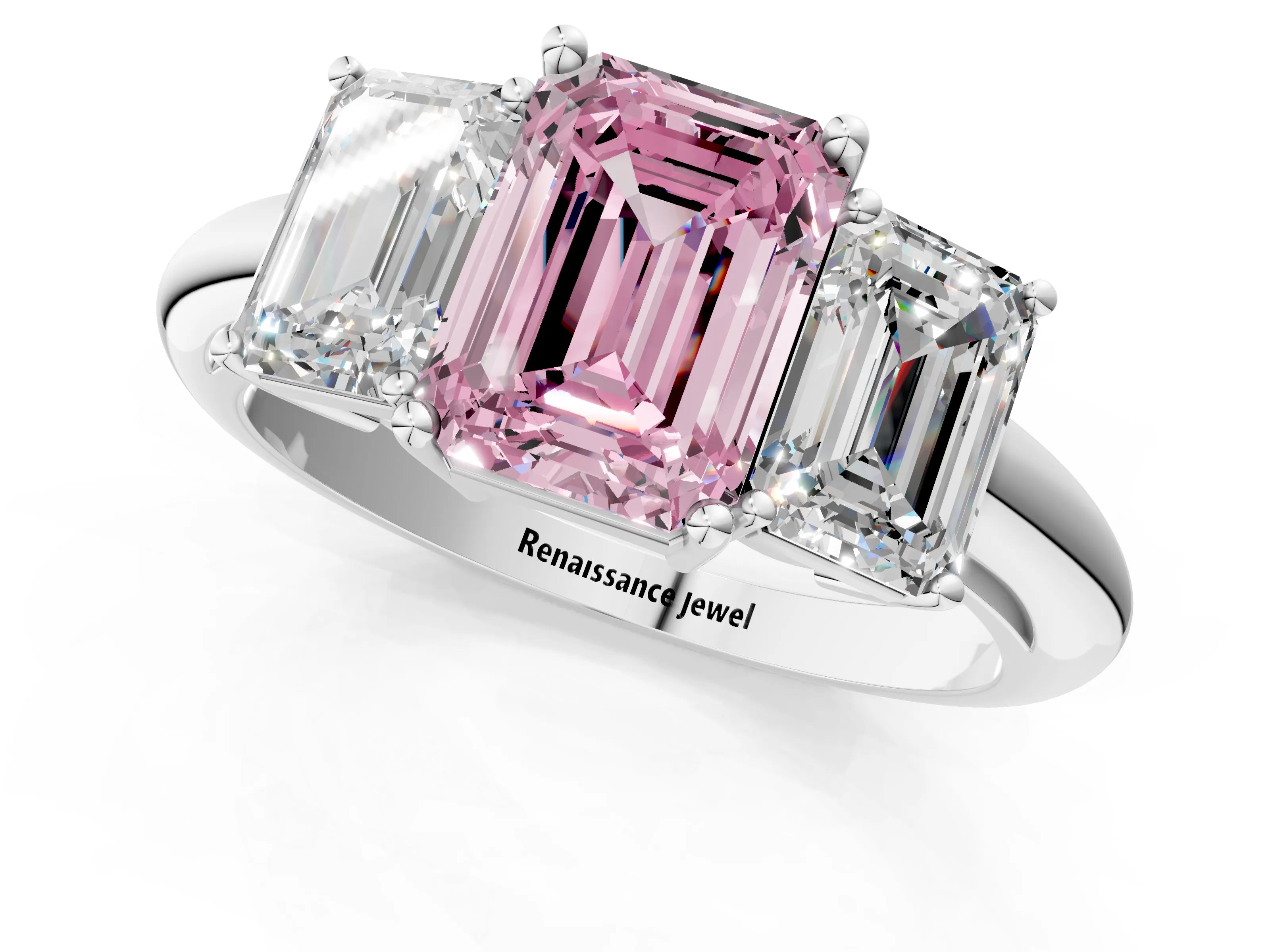 White gold Three-Stone Fancy Pink Emerald Cut Cut Diamond Engagement Ring with Prong Setting on a White Gold Band_13