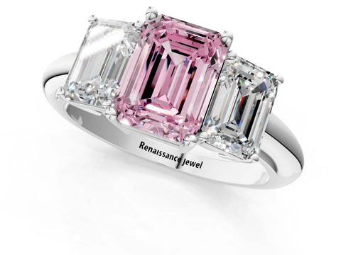 White gold Three-Stone Fancy Pink Emerald Cut Cut Diamond Engagement Ring with Prong Setting on a White Gold Band_13