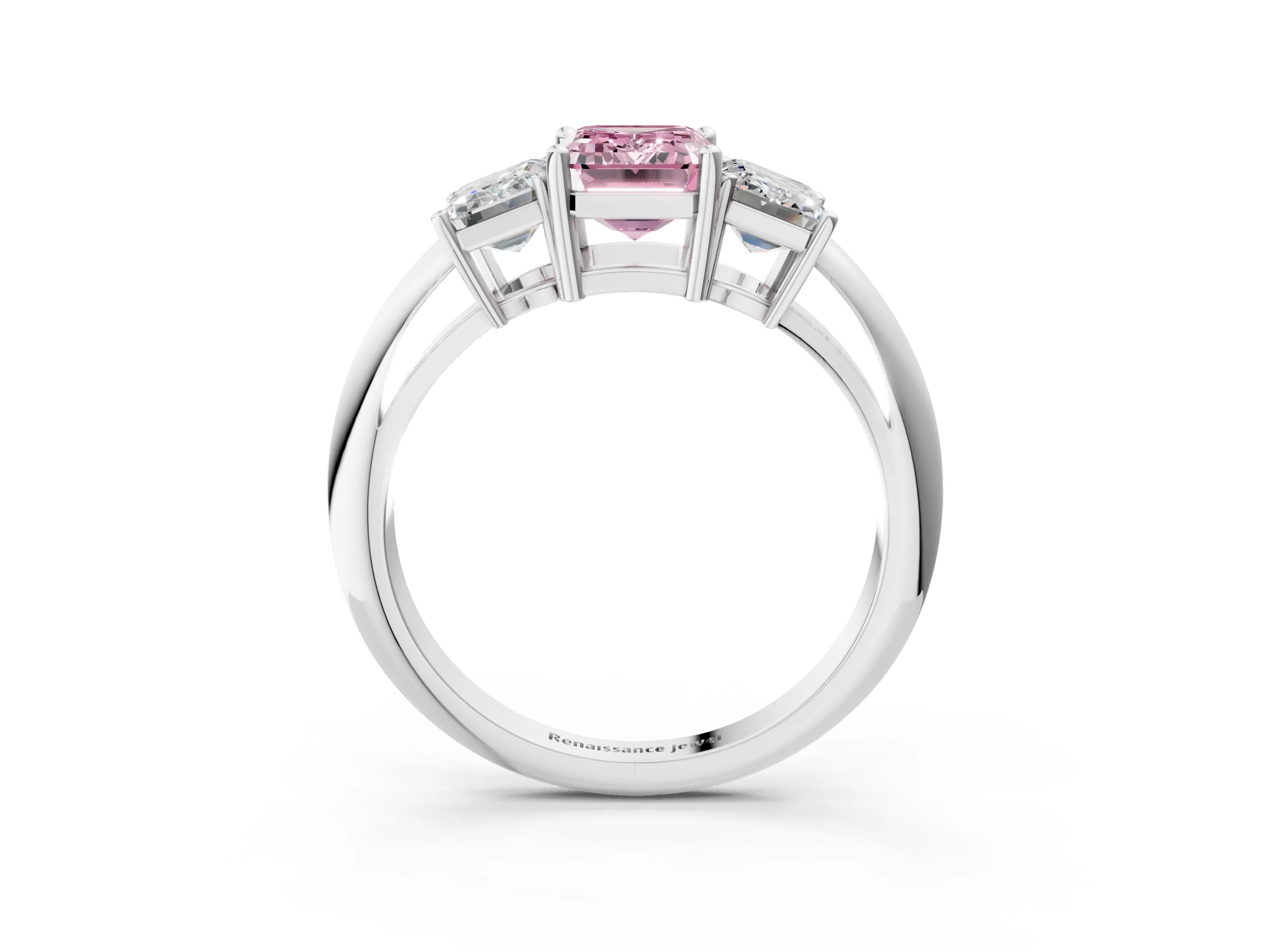 White gold Three-Stone Fancy Pink Emerald Cut Cut Diamond Engagement Ring with Prong Setting on a White Gold Band_15