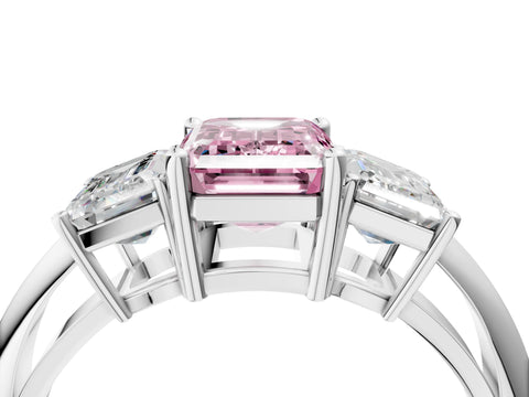 White gold Three-Stone Fancy Pink Emerald Cut Cut Diamond Engagement Ring with Prong Setting on a White Gold Band_16