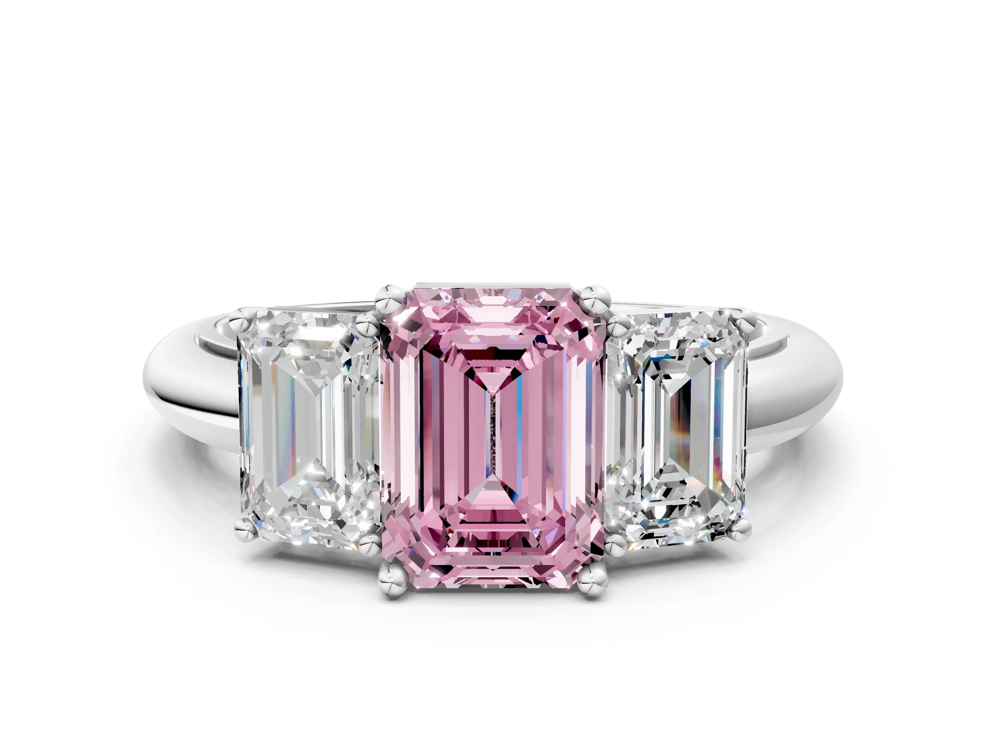 White gold Three-Stone Fancy Pink Emerald Cut Cut Diamond Engagement Ring with Prong Setting on a White Gold Band_24