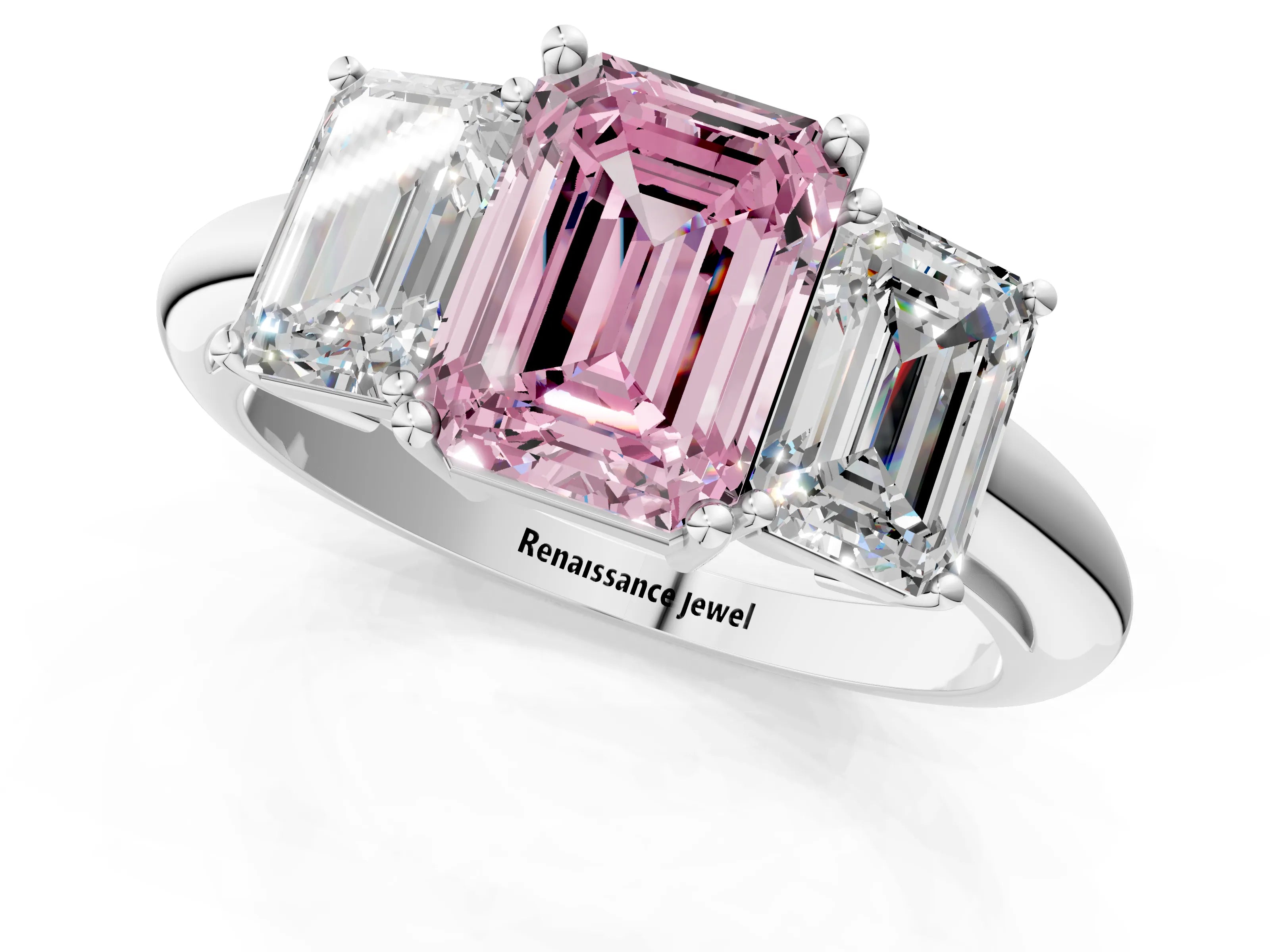 White gold Three-Stone Fancy Pink Emerald Cut Cut Diamond Engagement Ring with Prong Setting on a White Gold Band_38