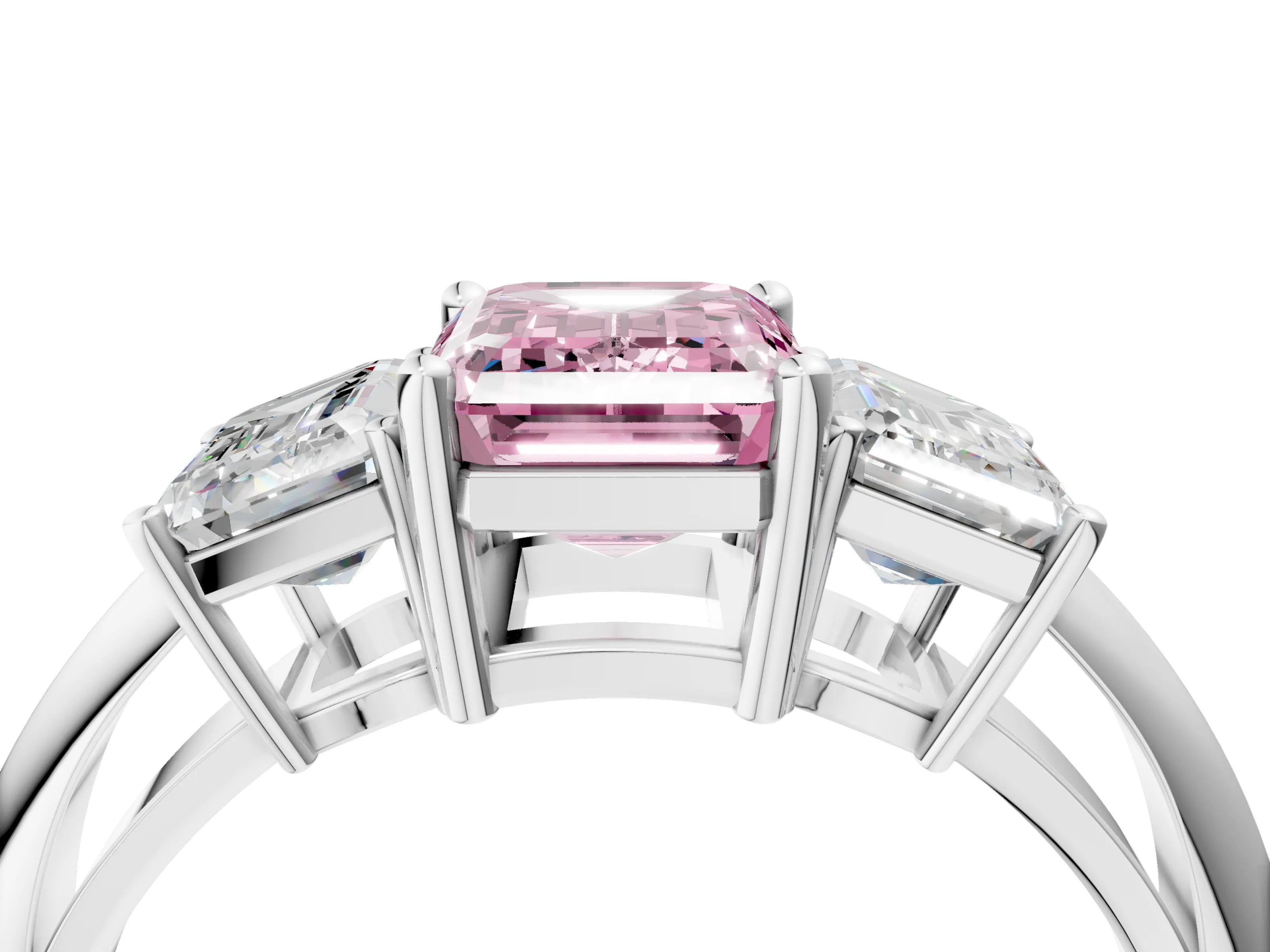 White gold Three-Stone Fancy Pink Emerald Cut Cut Diamond Engagement Ring with Prong Setting on a White Gold Band_4