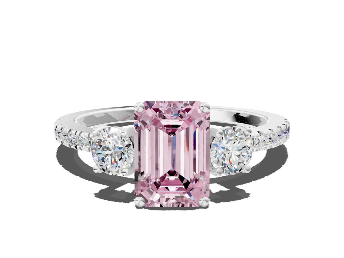 White gold Three-Stone Fancy Pink Emerald Cut Cut Diamond Pavé Band with Prong Setting_36