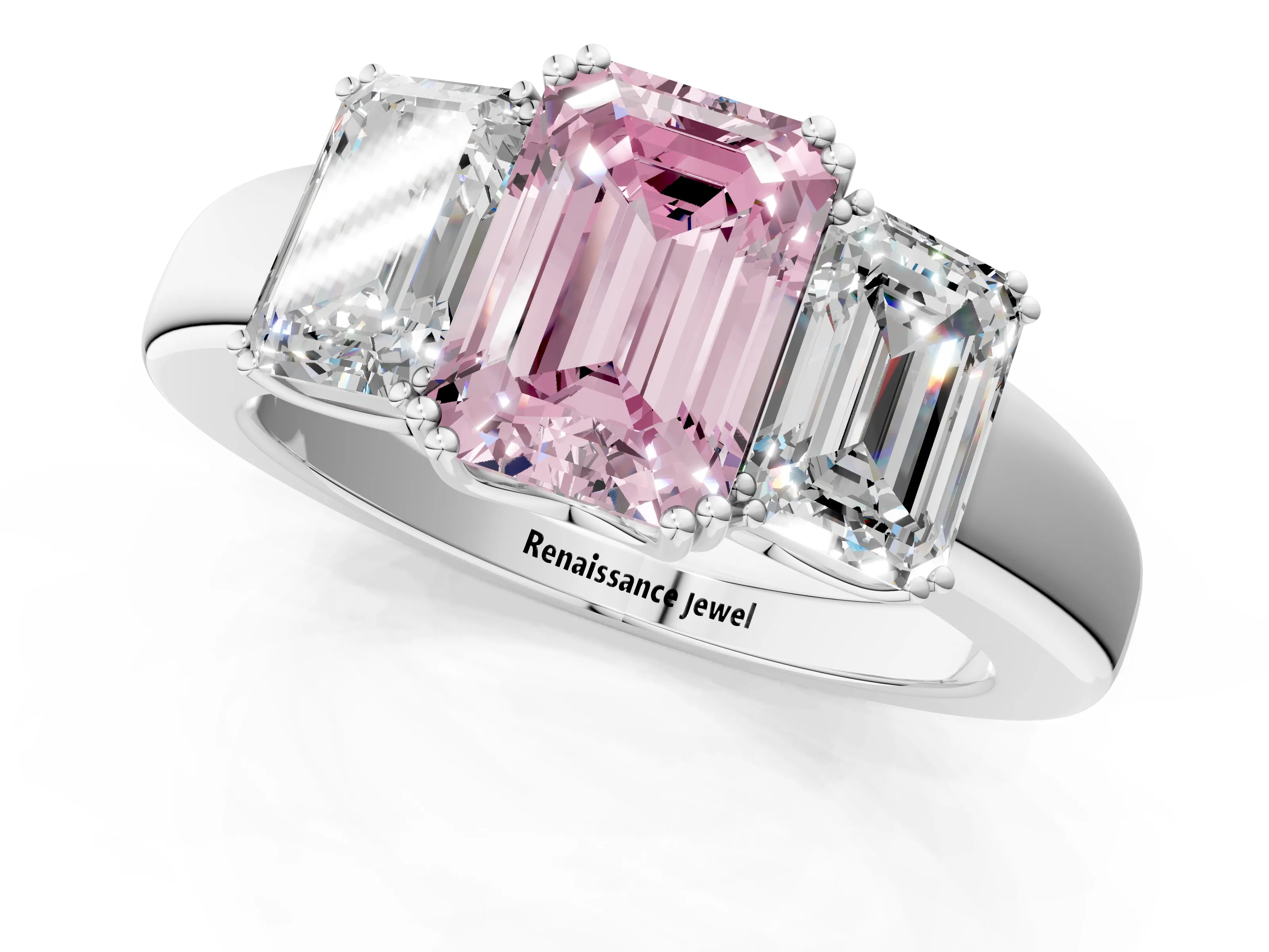 White gold Three-Stone Fancy Pink Emerald Cut Cut Diamond Ring with Channel Set Band and Four-Prong Setting_1