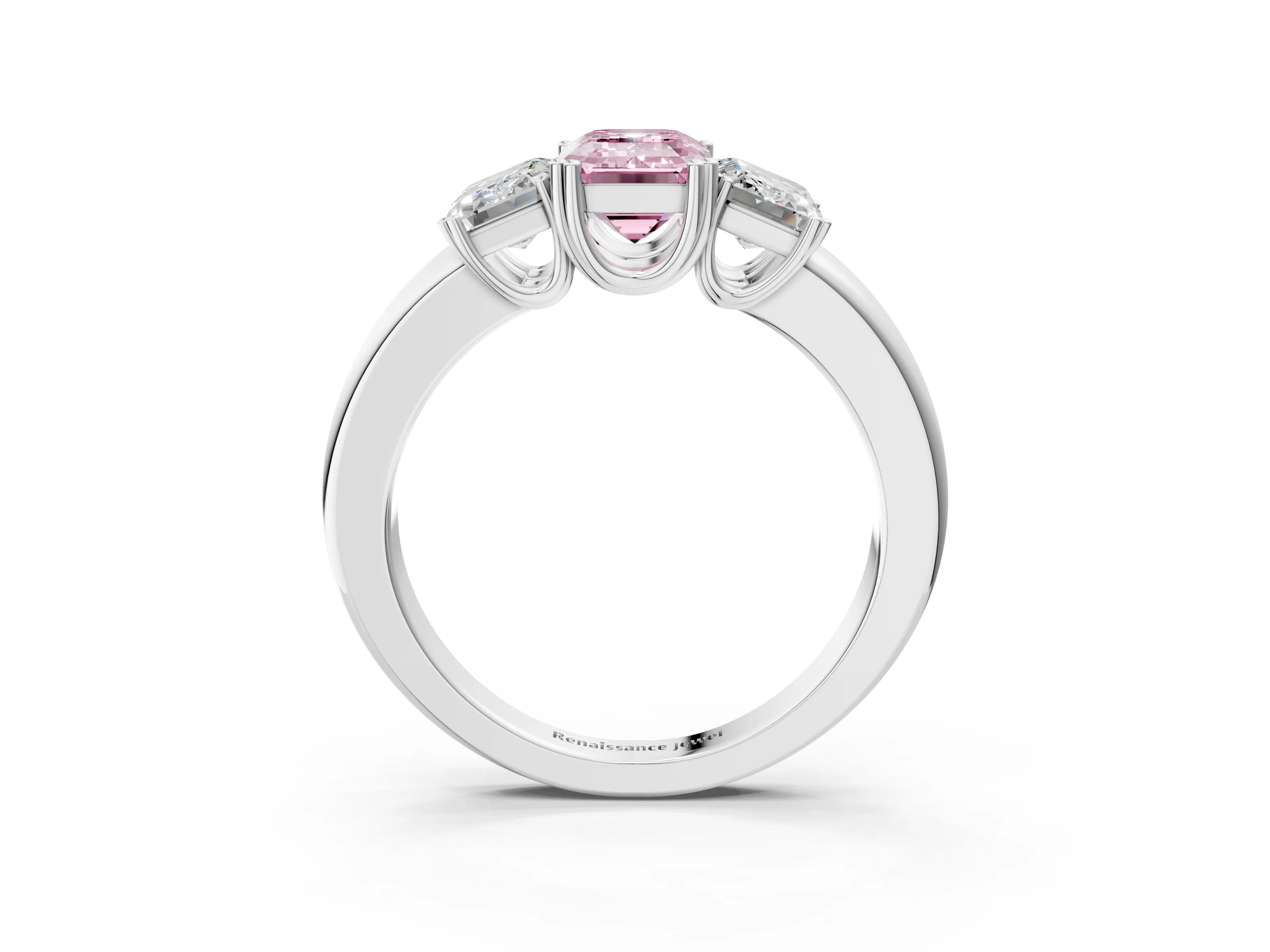 White gold Three-Stone Fancy Pink Emerald Cut Cut Diamond Ring with Channel Set Band and Four-Prong Setting_3