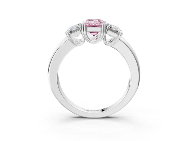 Platinum Three-Stone Fancy Pink Emerald Cut Cut Diamond Ring with Channel Set Band and Four-Prong Setting
