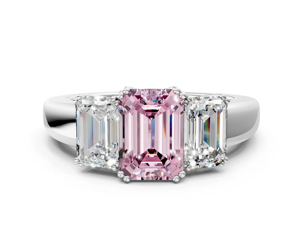 Platinum Three-Stone Fancy Pink Emerald Cut Cut Diamond Ring with Channel Set Band and Four-Prong Setting