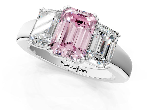 Platinum Three-Stone Fancy Pink Emerald Cut Cut Diamond Ring with Channel Set Band and Four-Prong Setting
