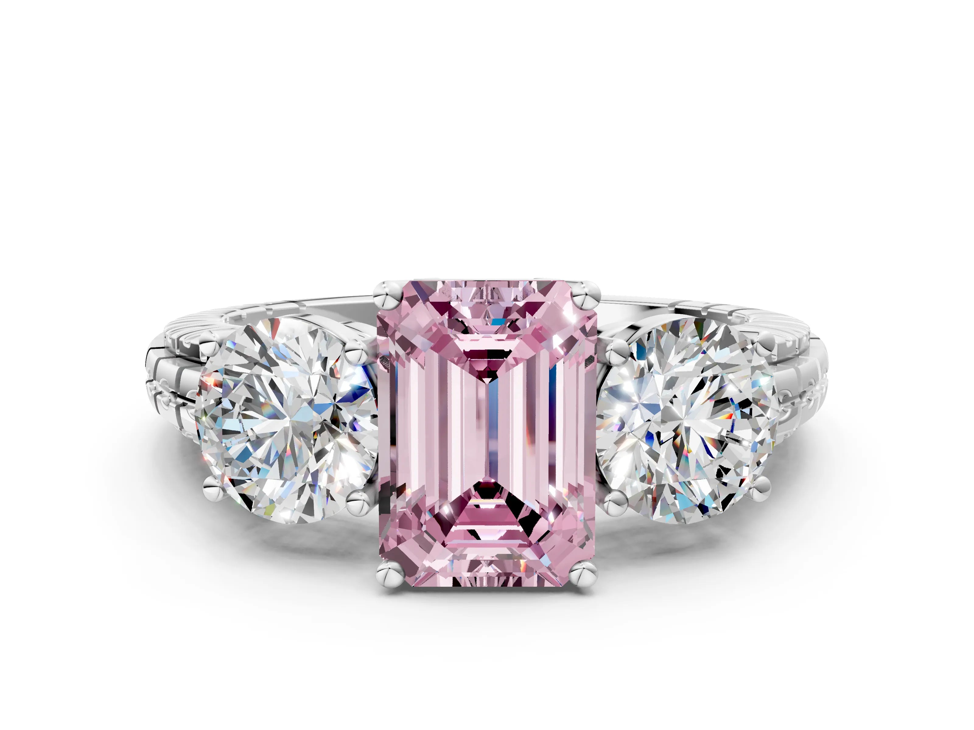 White gold Three-Stone Fancy Pink Emerald Cut Cut Diamond Ring with Channel-Set Band and Prong Setting