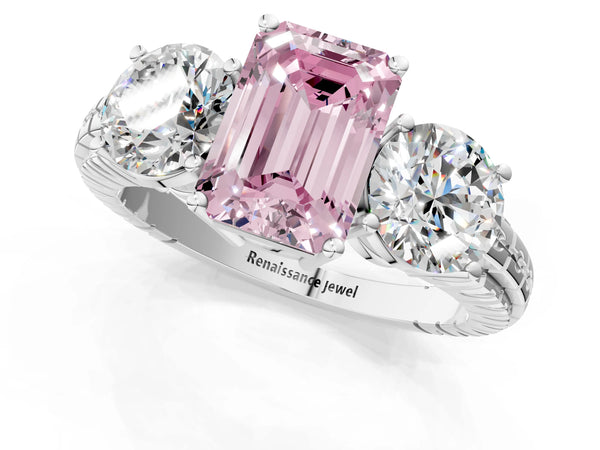 White gold Three-Stone Fancy Pink Emerald Cut Cut Diamond Ring with Channel-Set Band and Prong Setting
