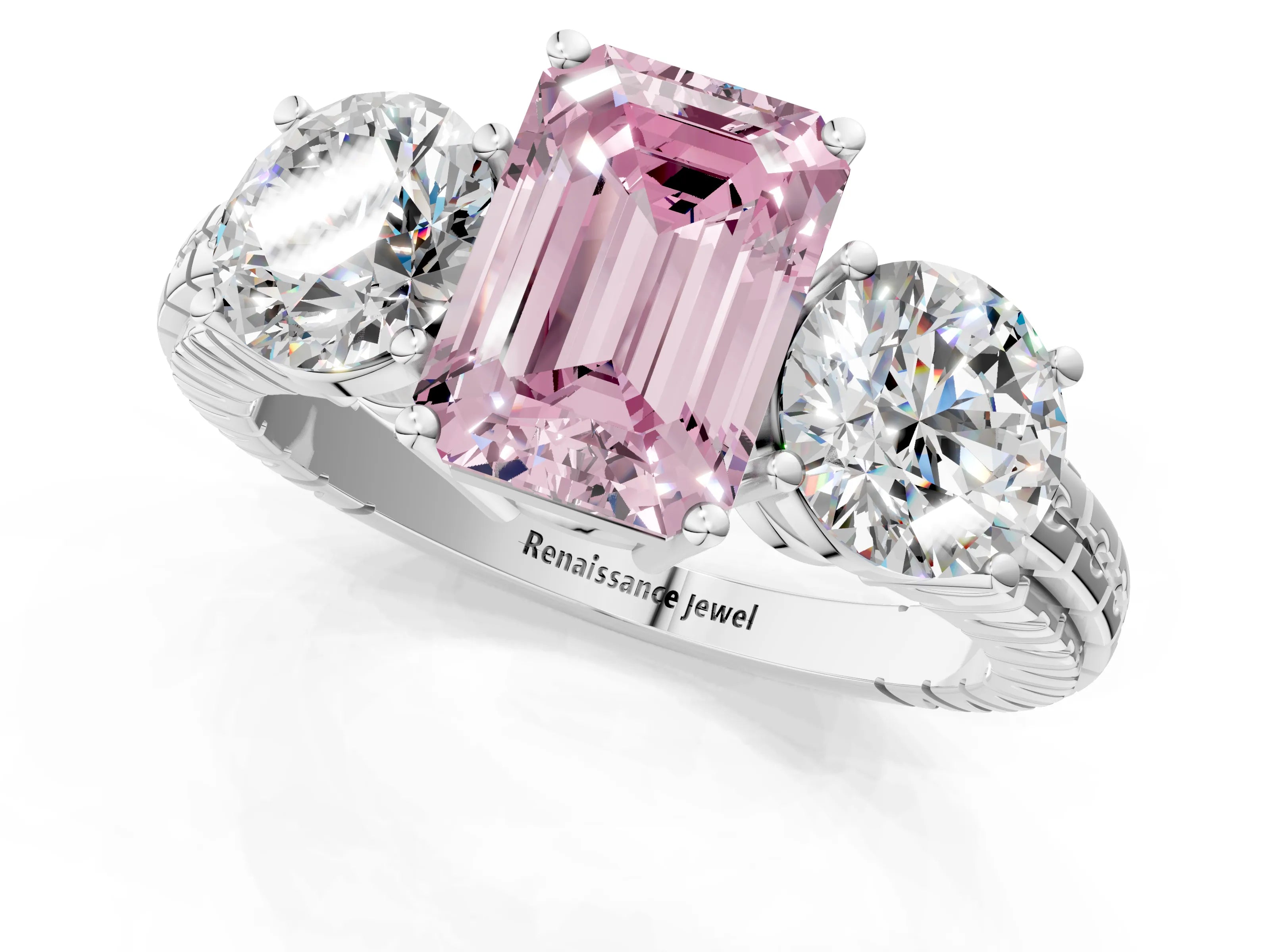 White gold Three-Stone Fancy Pink Emerald Cut Cut Diamond Ring with Channel-Set Band and Prong Setting_1
