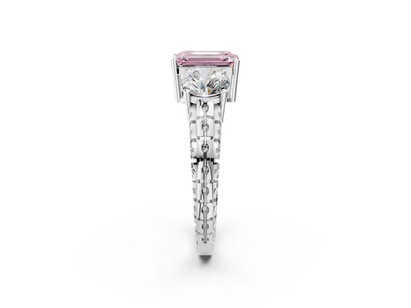 White gold Three-Stone Fancy Pink Emerald Cut Cut Diamond Ring with Channel-Set Band and Prong Setting
