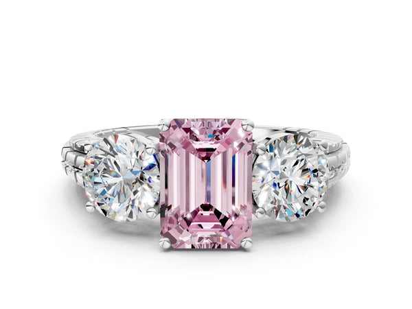 White gold Three-Stone Fancy Pink Emerald Cut Cut Diamond Ring with Channel-Set Band and Prong Setting