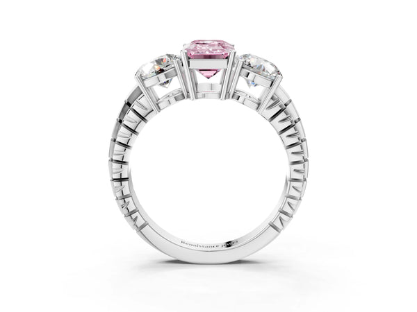 White gold Three-Stone Fancy Pink Emerald Cut Cut Diamond Ring with Channel-Set Band and Prong Setting