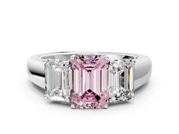 White gold Three-Stone Fancy Pink Emerald Cut Cut Diamond Ring with Prong Setting and Classic Band