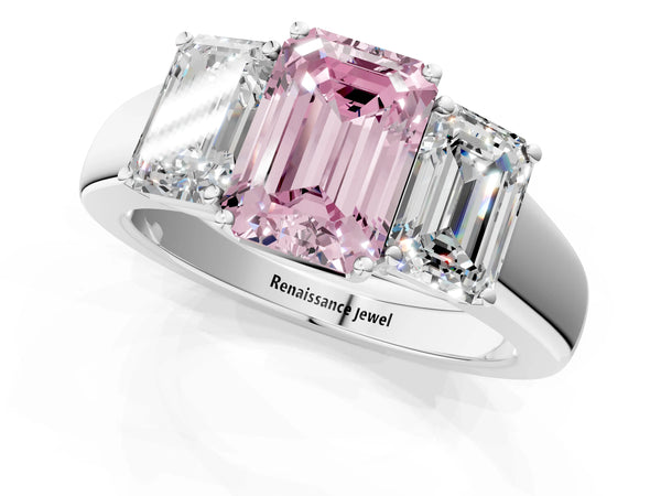 White gold Three-Stone Fancy Pink Emerald Cut Cut Diamond Ring with Prong Setting and Classic Band