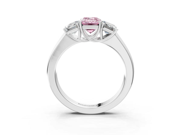 White gold Three-Stone Fancy Pink Emerald Cut Cut Diamond Ring with Prong Setting and Classic Band