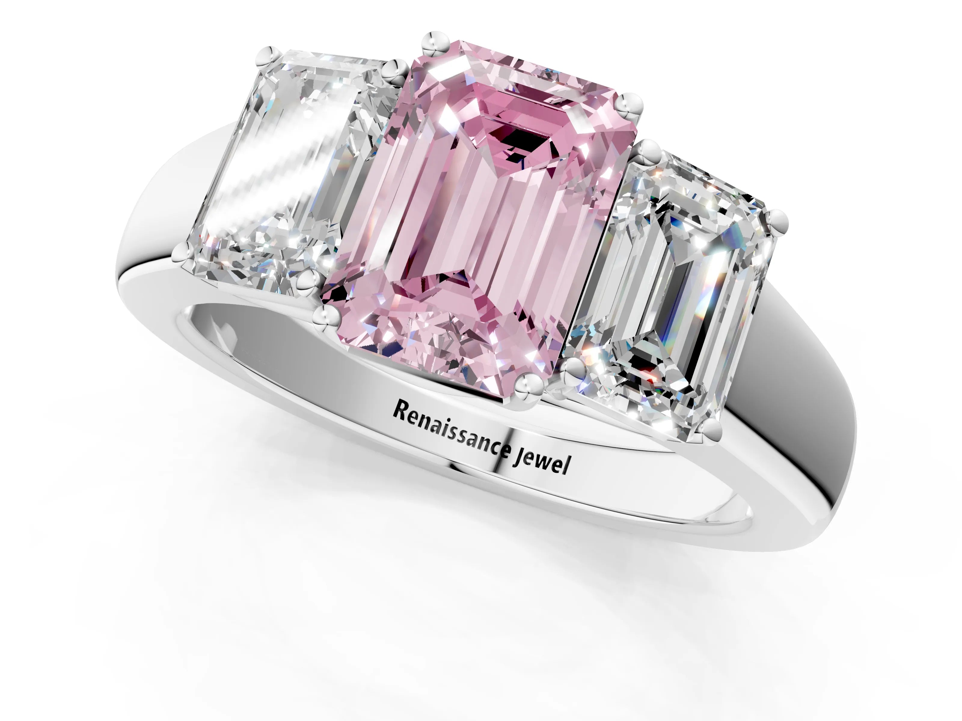 White gold Three-Stone Fancy Pink Emerald Cut Cut Diamond Ring with Prong Setting and Classic Band_1