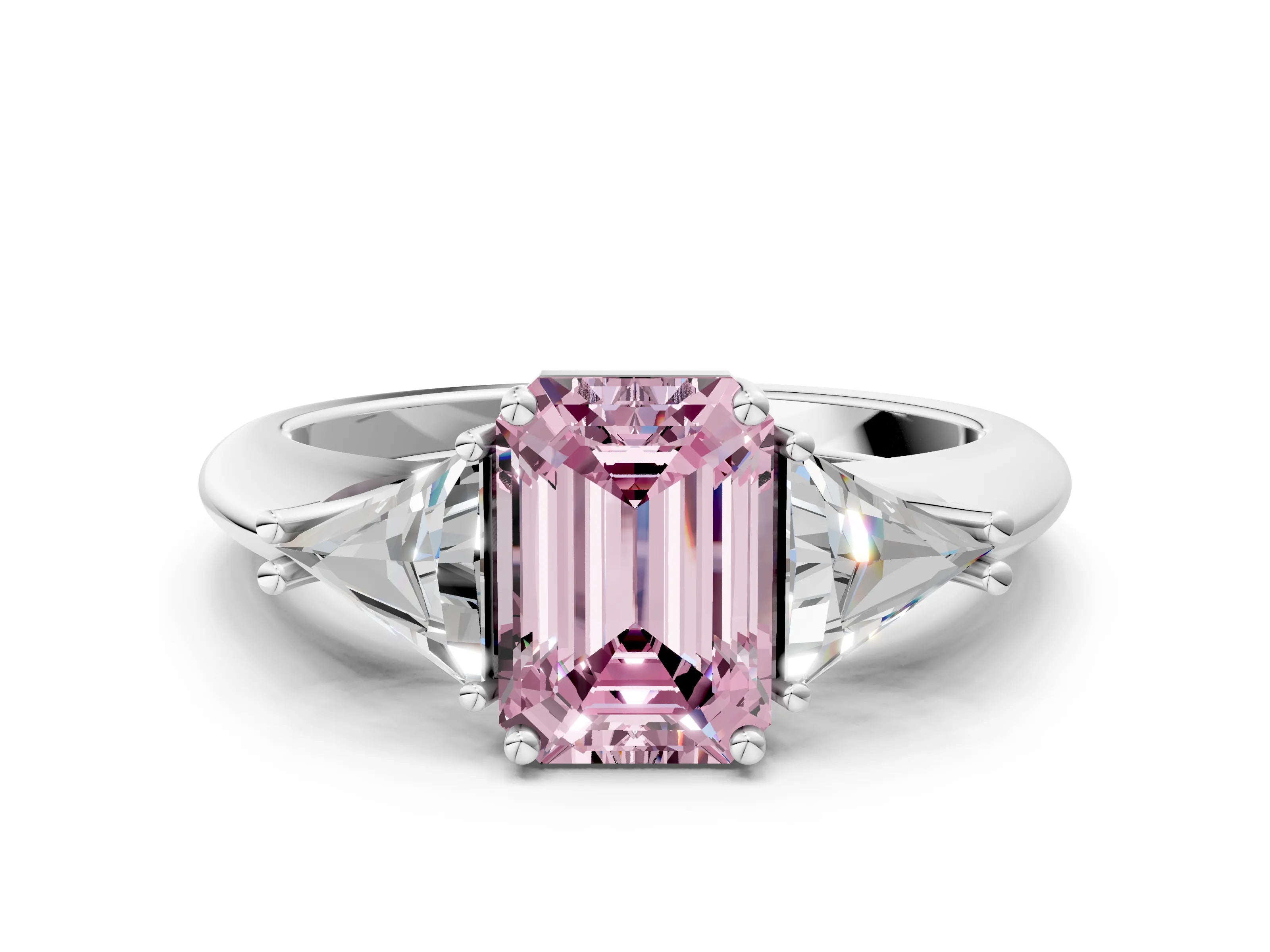 White gold Three-Stone Fancy Pink Emerald Cut Cut Diamond Ring with Trillion Side Stones and Four-Prong Setting_11